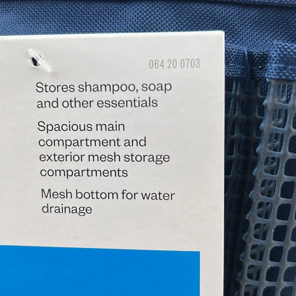 Mesh shower caddy navy. Has a mesh bottom for drainage